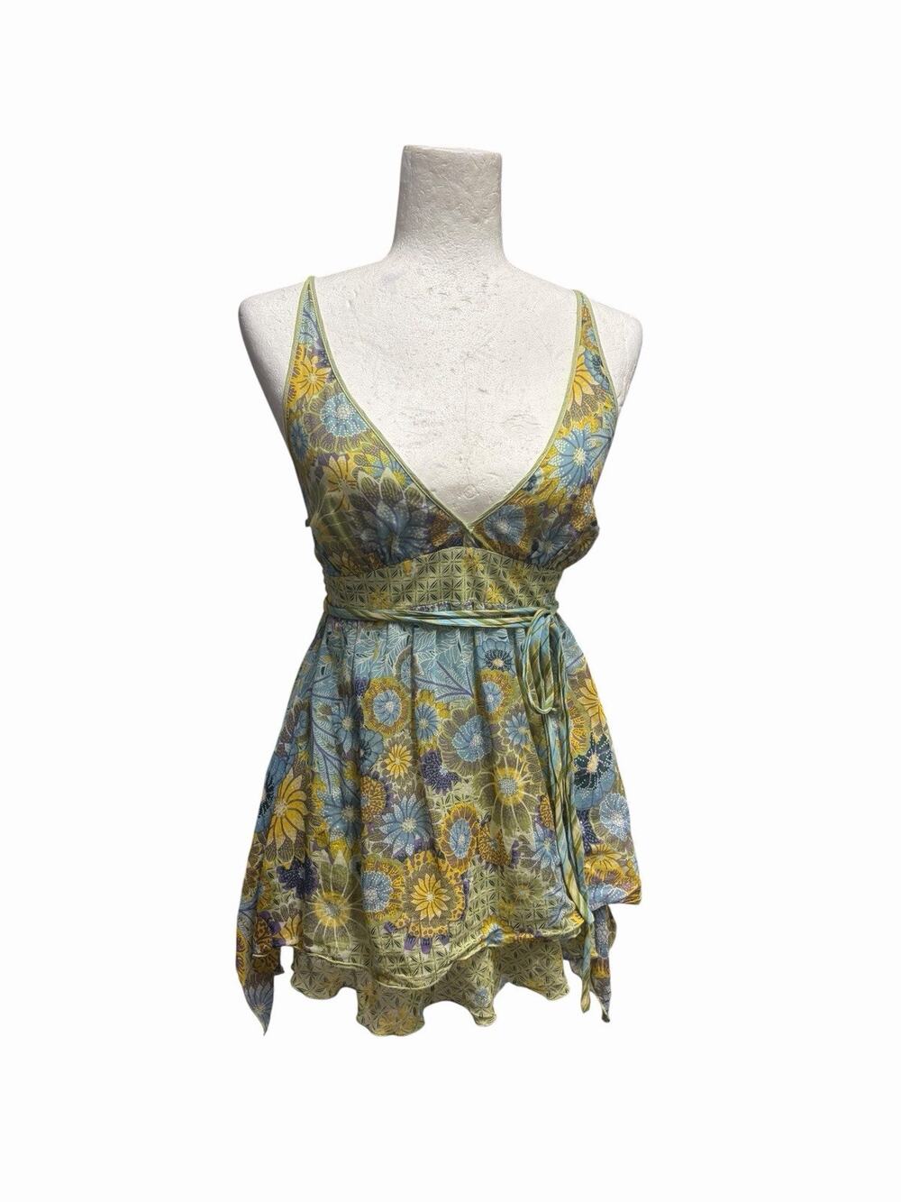 SUSANA MONACO Cotton Silk Voile Floral Belted Peplum Top Whimsical Fairy Sz 6